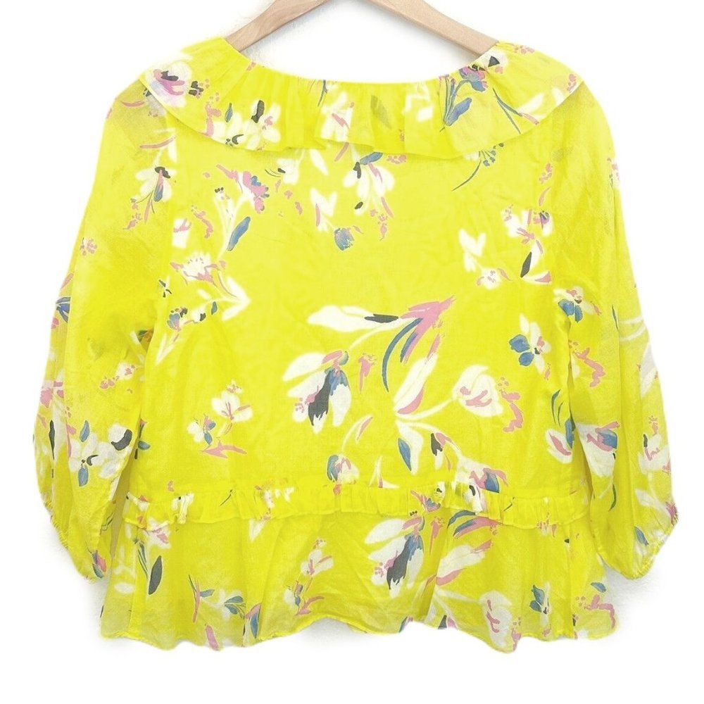 Tanya Taylor Lourdes Floral Cotton Blouse Yellow Ruffle V Neck Balloon Sleeve 4 - Picture 5 of 14